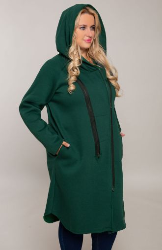 Tumši zaļa gara silta jaka ar kapuci