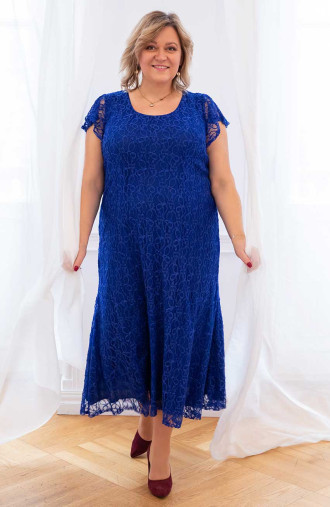 Gara rudzupuķu zila trapeces kleita ar īsām piedurknēm liela izmēra sievietēm Modes lieli izmēri