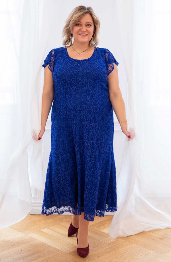 Gara rudzupuķu zila trapeces kleita ar īsām piedurknēm liela izmēra sievietēm Modes lieli izmēri