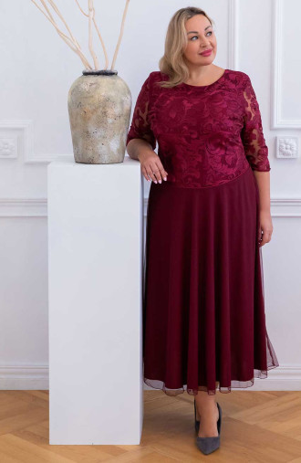 Burgundijas plus izmēra sieviešu vakarkleita ar fliteru mežģīņu topu - ziedu raksts | Modes plus izmēri