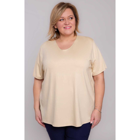 Bēšs, vienkrāsains sieviešu T-krekls ar īsām piedurknēm | Modes lieli izmēri