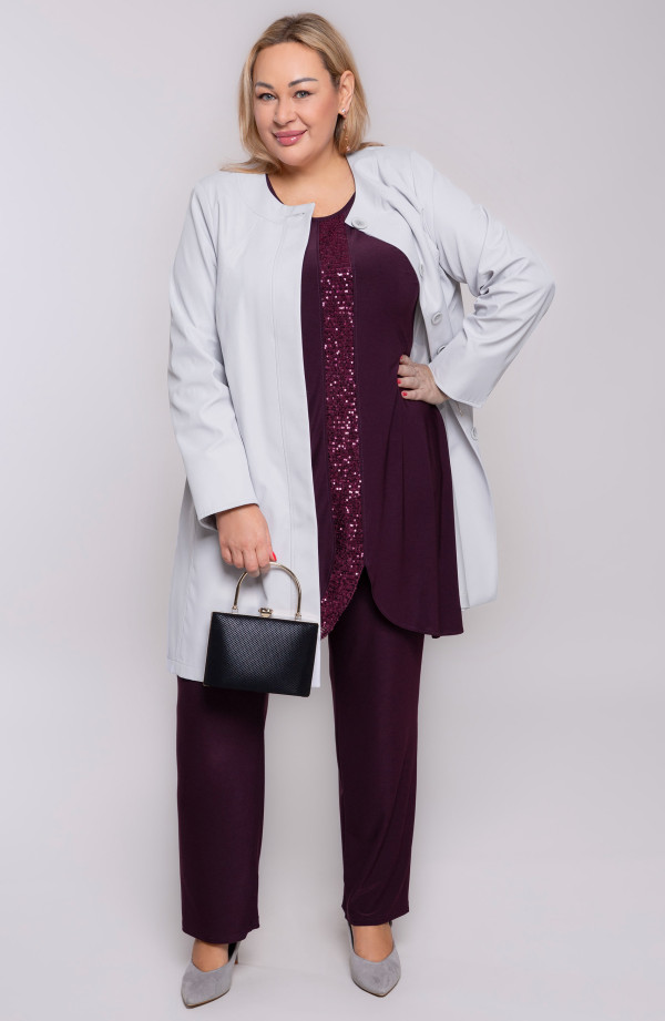 Elegants violets sieviešu kostīms ar biksēm un garāku tuniku un 3/4 piedurknēm kāzām | Modes lieli izmēri