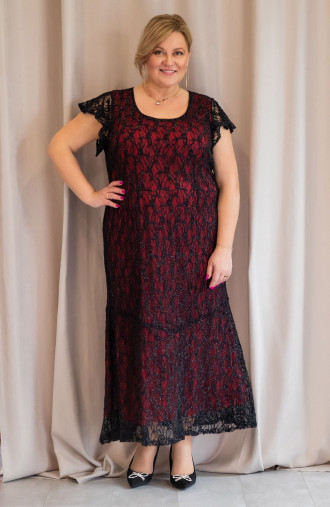 Gara melna mežģīņu kleita ar sarkanu oderi - pūkaina kāzām | Modes lieli izmēri